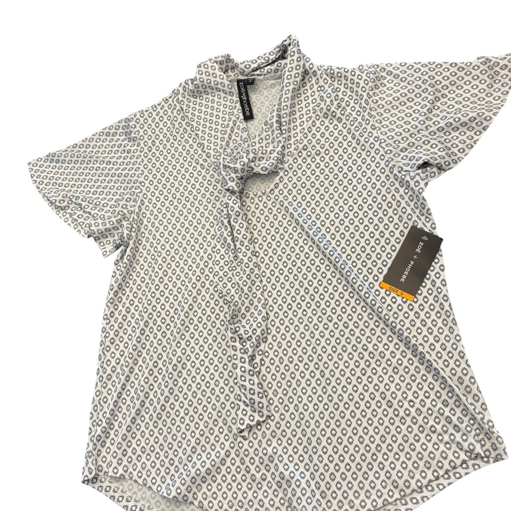 Zoe + Phoebe Blouse Top Short Sleeve Womens Size Small Geometric Print Neck Tie